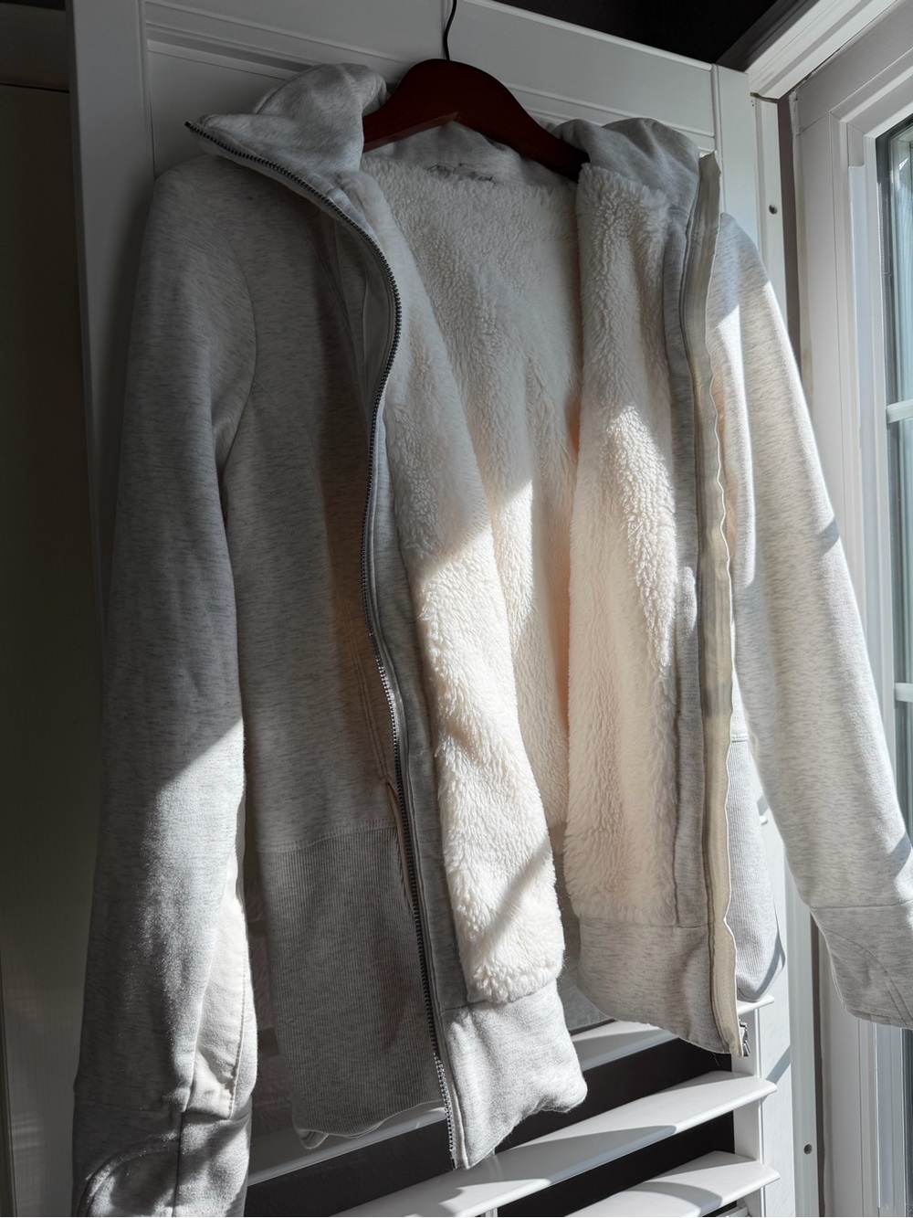 Athleta Heather Gray Zip-Up Hoodie with Cream Sherpa Lining